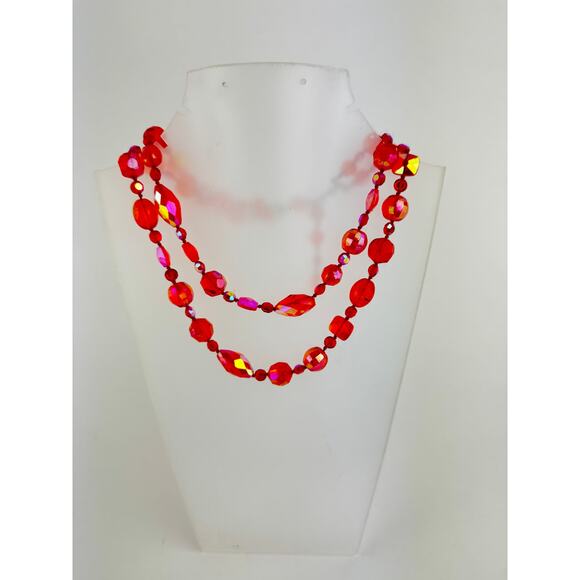 1950's Orange Aurora Borealis Graduated Beaded Two Strand Necklace - Picture 4 of 5